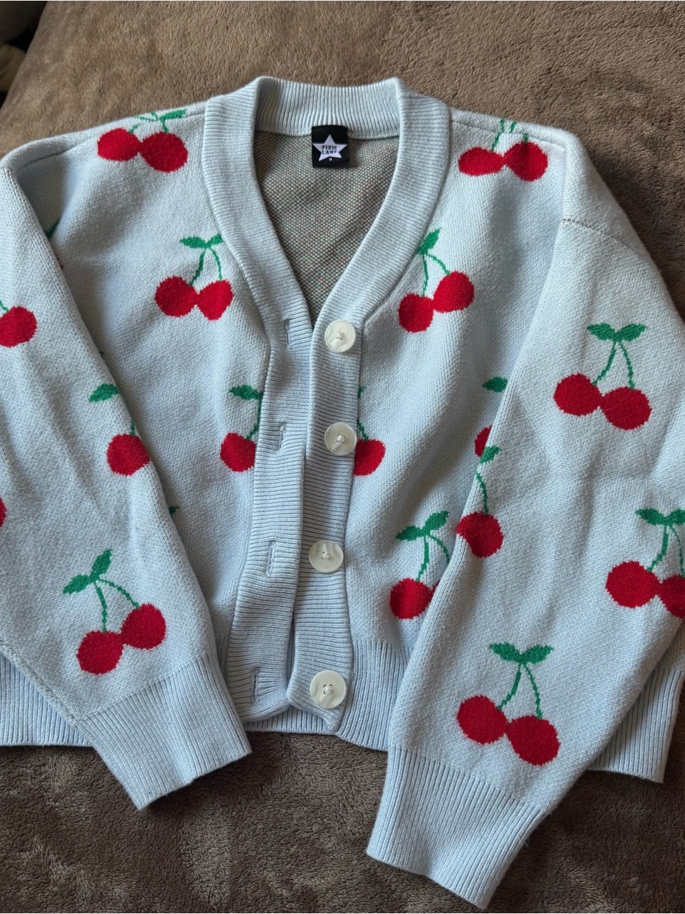 Light Blue Cherry-Print Button Cardigan Sweater